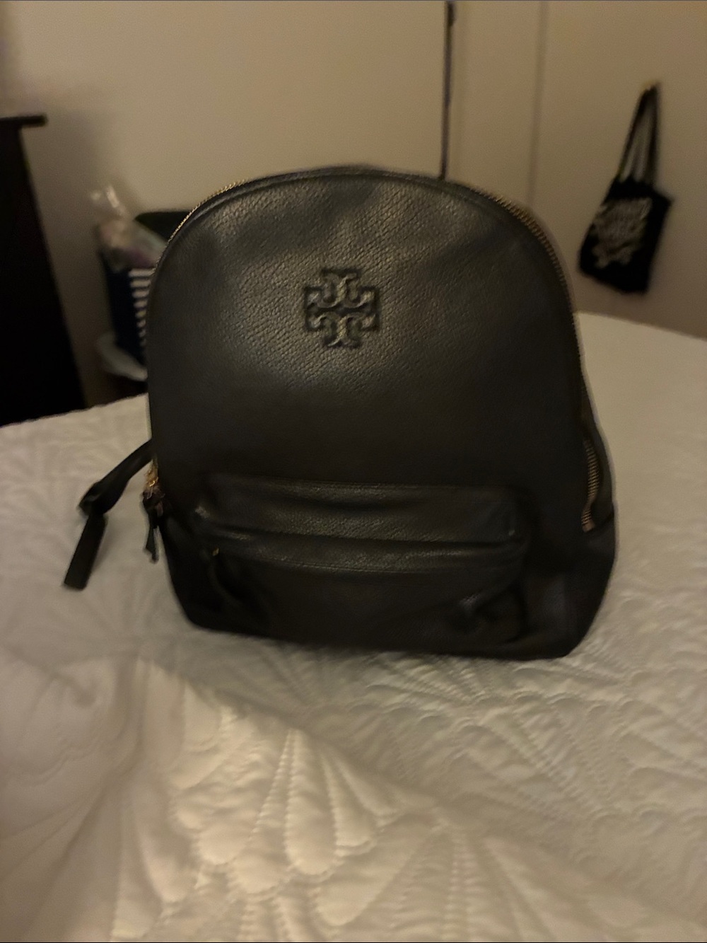 Tory Burch Black Pebbled Leather Backpack with Gold Hardware